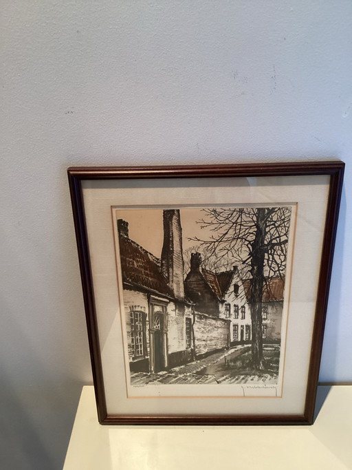 Original Color Etching Roger Hebbelinck (1912-1987) Princely Beguinage Ten Wijngaerde in Bruges.