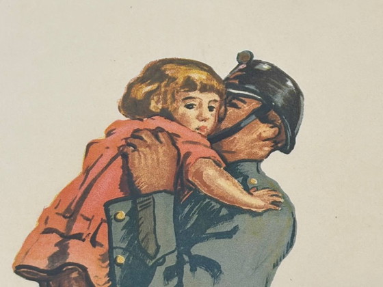 Image 1 of Illustrazione storica di un soldato con un bambino, donazione nazionale svizzera, successiva al 1918.