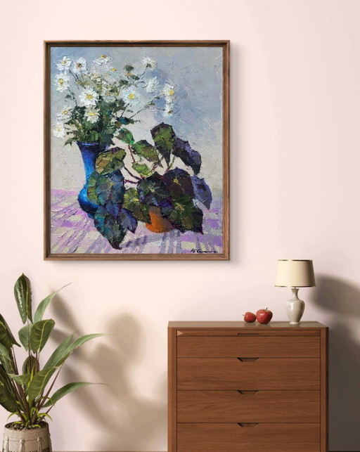 Dipinto ad olio originale: Natura morta con fiori, begonie e margherite.