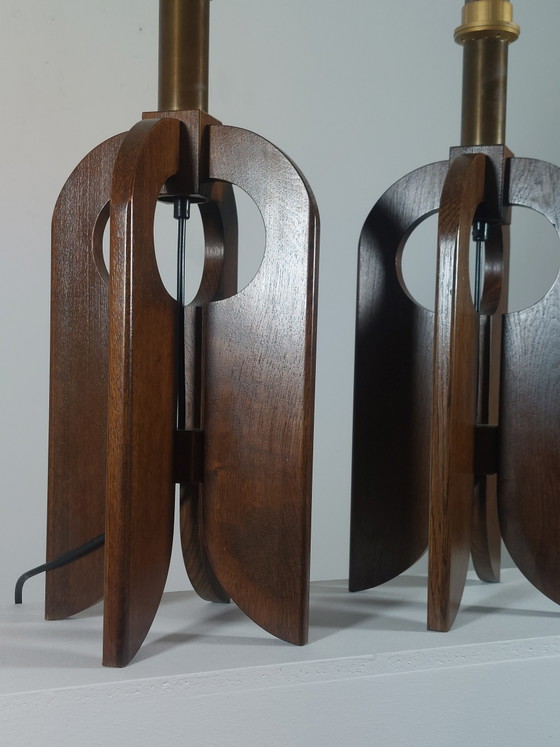 Image 1 of Rare vintage pair of wooden Temde table lamps