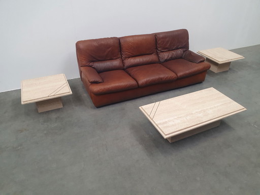 Juego de 3 mesas de centro vintage de mármol travertino y latón de los años 70