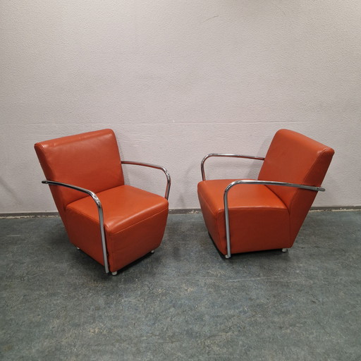  Set van 2 oranje leren buizenframe fauteuils  