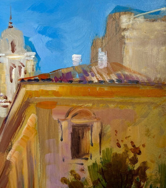 Image 1 of Pintura al óleo original Paisaje urbano diurno Antiguo callejón de la ciudad