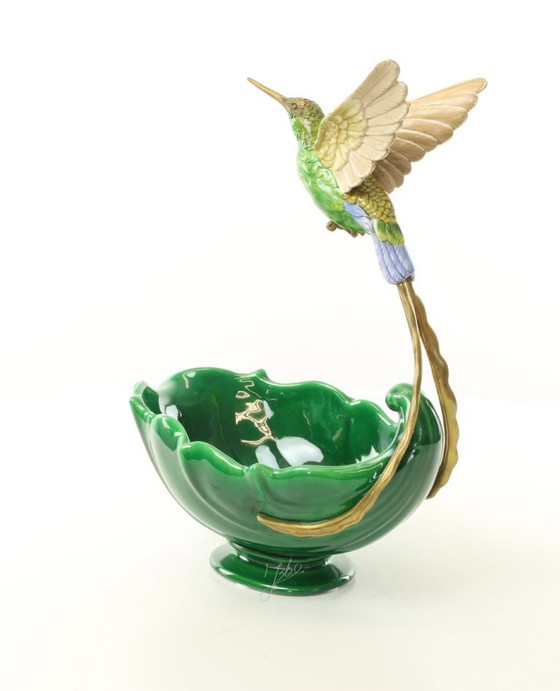 Image 1 of HUMMINGBIRD PLANTER JASMINE PORCELAIN + BRONZE ORMOLU BIRD BOWL SCULPTURE