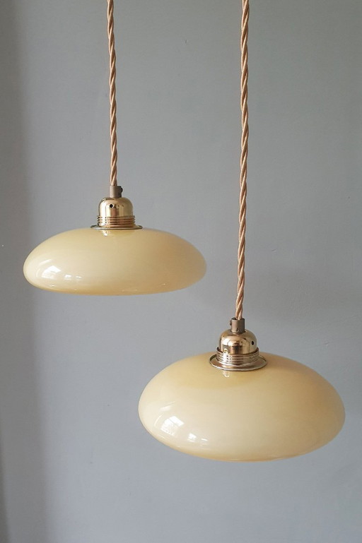 Vintage French pendant lamp set - of pastel yellow opaline glass.