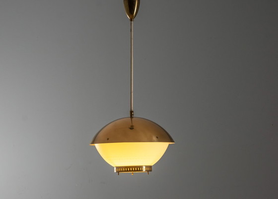 Image 1 of Large Brass Pendant with Engraved Opaline Glass