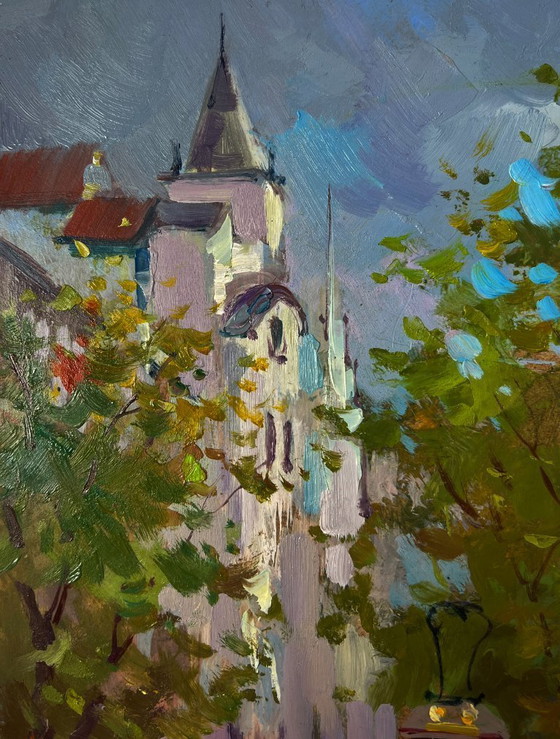 Image 1 of Original Oil Painting Autumn Street Landscape City Tram Slides Along The Tracks