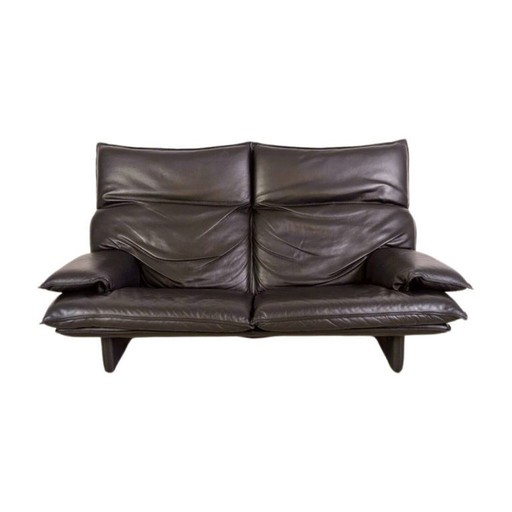 Vintage Italian 3-seater sofa, design couch, black leather, 1980s