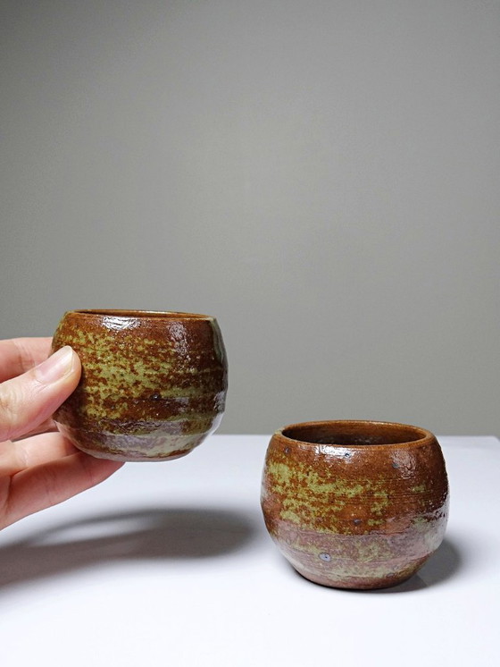 Image 1 of Service à condiments vintage grès pyrité émaillé artisanal style Baudat La Borne