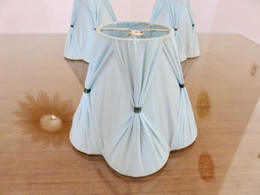 Set of 3 lampshades made of pale blue plastic strips. 1950