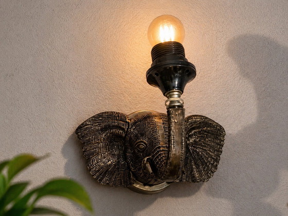 Image 1 of Set of 2 Vintage Elephant Wall Lamps – Hollywood Regency – Brass
