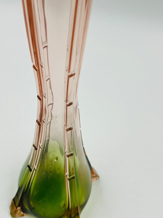 Image 1 of Pair of vintage bud vases in pink and green glass