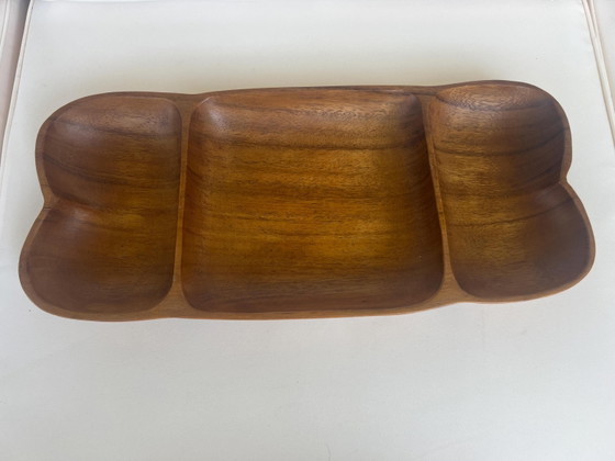 Vintage Wood Serving Bowl XXL 44 cm | Hand-carved Mid Century Snack Bowl with 3 Compartments | Teak Wood (photo 7 of 11)