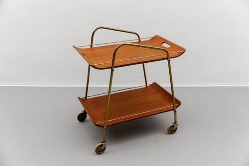 Carrello da portata Mid-Century Modern in teak e ottone con vassoio rimovibile, anni '50