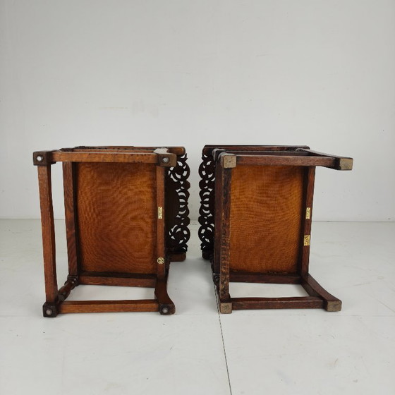 Pair of English Antique Jacobean Monk Armchairs / Tables by F. Parker & Sons Ltd – Wood, Leather (photo 7 of 16)