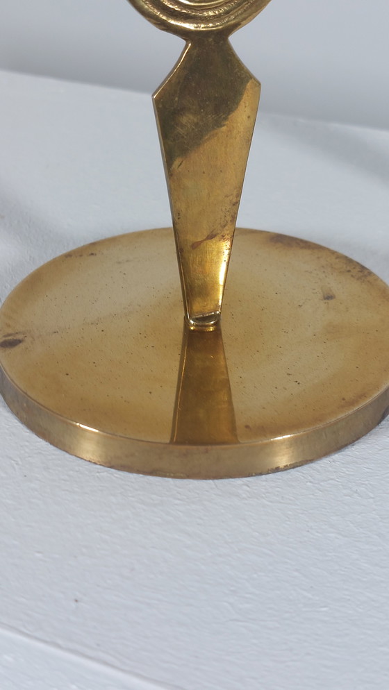 Image 1 of Pair of patinated vintage brass candlesticks, Memphis style, 1980s