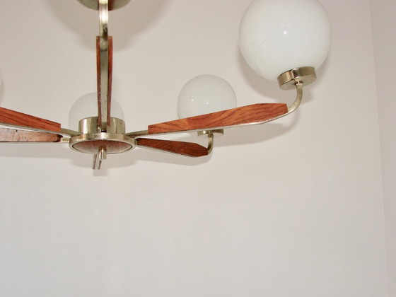Image 1 of Modern chandelier from the 1970s – metal, teak wood and glass, 6xE14