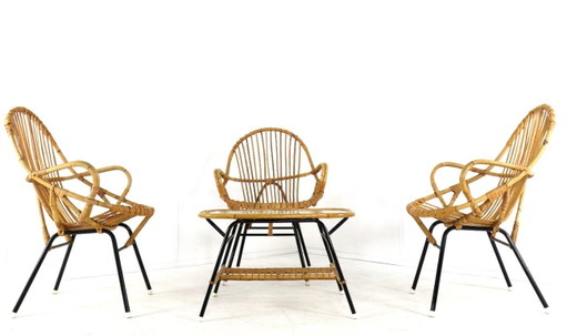 Set of 3 rattan armchairs + vintage rattan coffee table, Rohe, Noordwolde