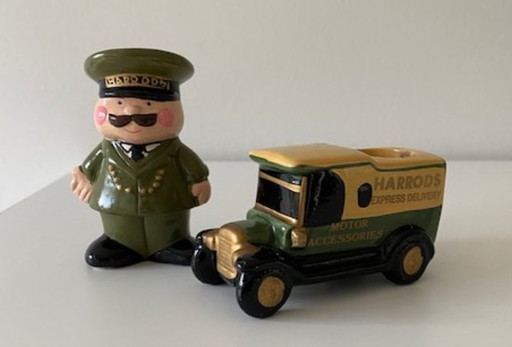 Harrods London 2 vintage collectors items Green Knights doorman and transport car candlesticks