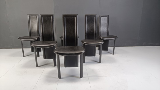 Image 1 of Schwarze Leder-Esszimmerstühle mit hoher Rückenlehne, Satz von 6, 1980er Jahre