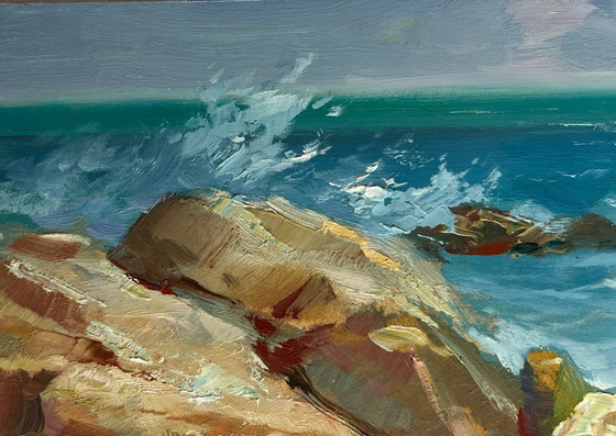 Image 1 of Original Oil Painting Sea Rock Landscape Sailboats on the sea horizon