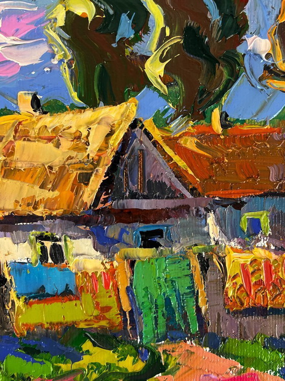 Image 1 of Peinture à l'huile originale représentant un paysage champêtre, une cour de maison et un week-end paisible au village.