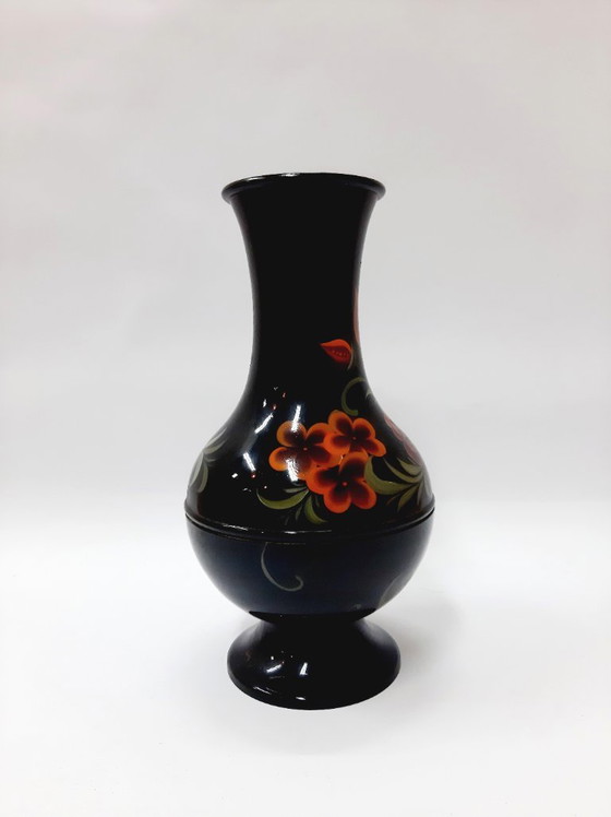 Image 1 of Vintage Black Enamel Vase, Floral Pattern 23 cm