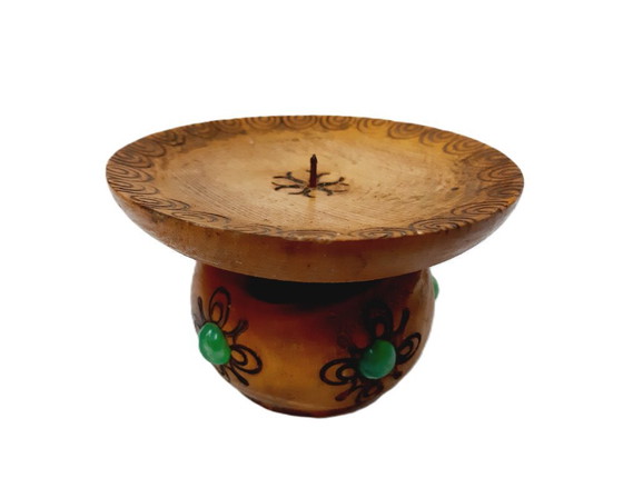 Image 1 of Vintage pyrografie houten kaarsenhouder met stenen