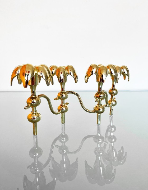 Image 1 of Seltener hellgoldfarbener Nagel Palm Kerzenleuchter aus den 70er Jahren