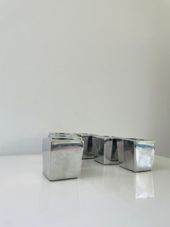 Image 1 of Ensemble de 6 porte-bougies chauffe-plat géométriques en acier inoxydable – motif cubiste