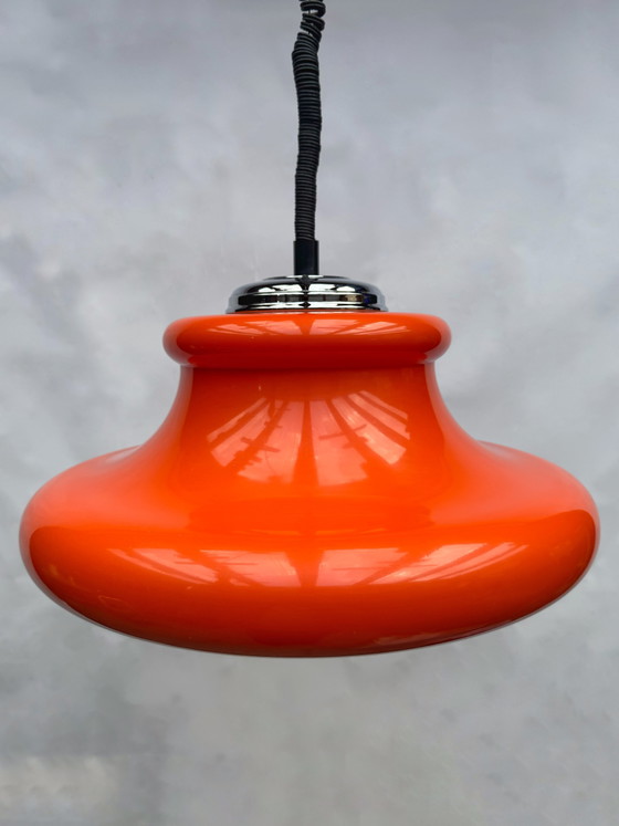 Vintage 1970s Space Age Orange Acrylic Pendant Lamp | Meblo Style – Plastic, Chrome (photo 3 of 6)