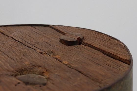 Image 1 of Brutalist French Solid Oak Tripod Stool with Metal Rim, 1850s