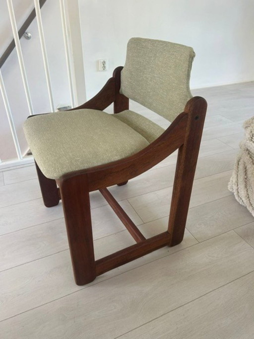 3 dining room chairs by Kelly Wearstler reupholstered in olive green fabric.
