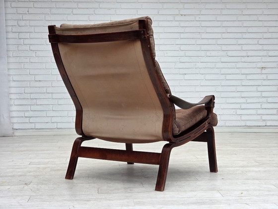 Image 1 of 1970s, Scandinavian lounge chair, nubuck leather, canvas, beech wood.