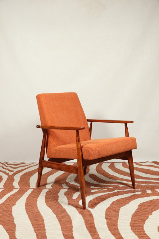 Vintage armchair papaya orange corduroy mid century modern design by H.Lis 