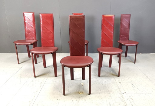 Sedie da pranzo vintage in pelle rossa con schienale alto, set di 6, anni '80