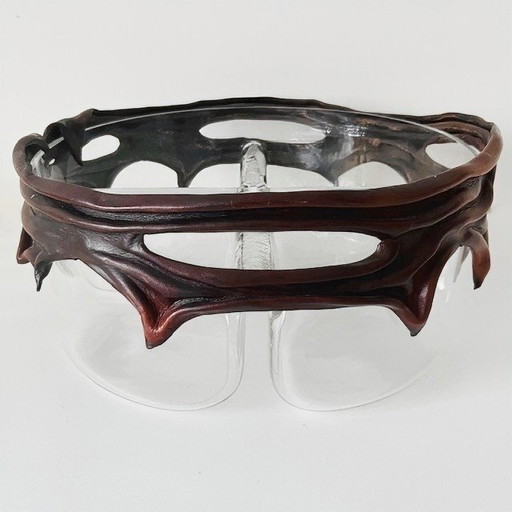 Cuenco vintage de cristal con diseño brutalista y decoración de cuero de Robert Kremsky, años 90