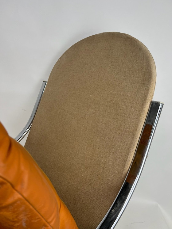 Mid Century Modern Milo Baughman Style Chrome Thonet Rocking Chair Rocker, Leather, Textile, Brown (photo 7 of 7)