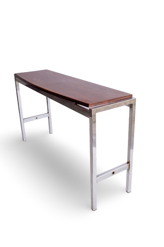 Image 1 of Table d'appoint vintage avec cadre chromé et plateau flottant en bois