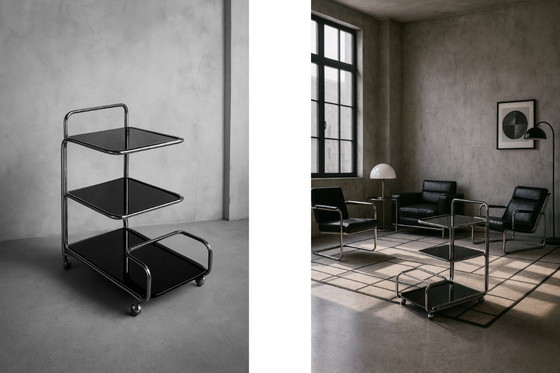 Image 1 of Vintage Mid-Century German Modern Bauhaus Chrome & Glass Serving Trolley or Bar Cart, 1960s