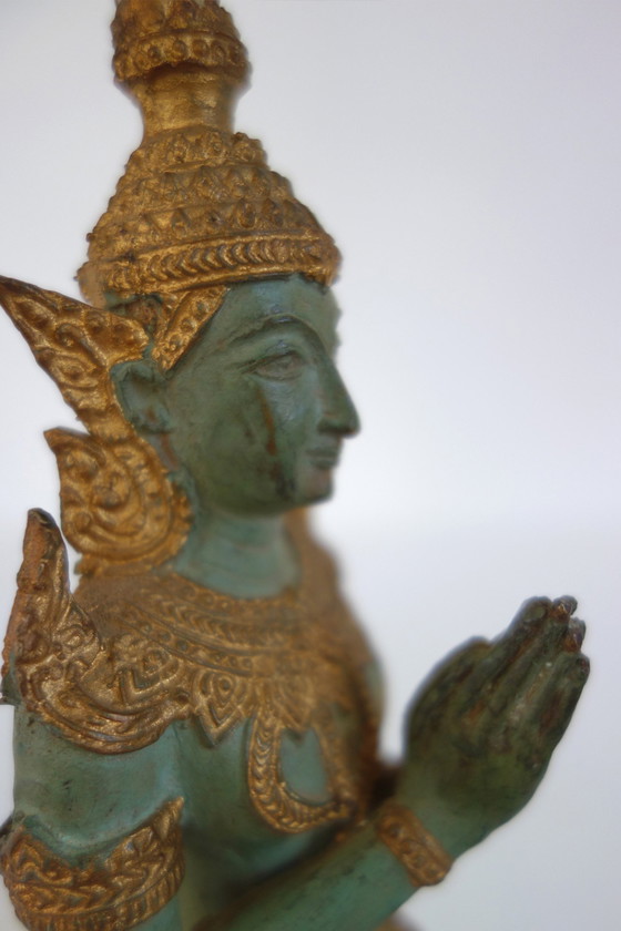Image 1 of Couple de Statues Thephanom en Bronze Doré, Thaïlande, Années 40