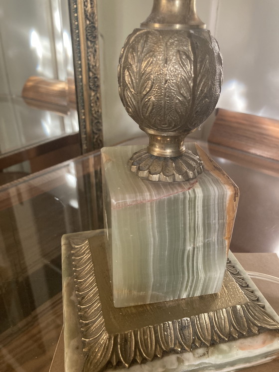 Image 1 of Schöne Vintage Tischlampe, Sammlerstück-grüner Onyx Marmor/Messing Fuß, schöner originele Schirm