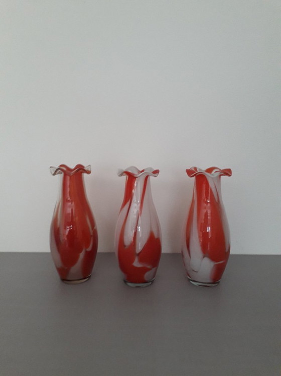 Image 1 of 3 Murano vases, in orange and white, circa 1965