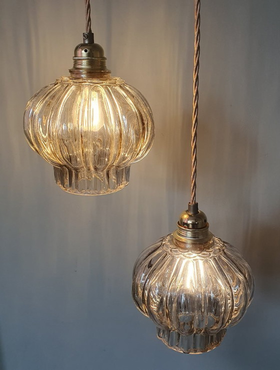 Image 1 of Set of two vintage floral pendant lamps in lantern shape. Mid Century