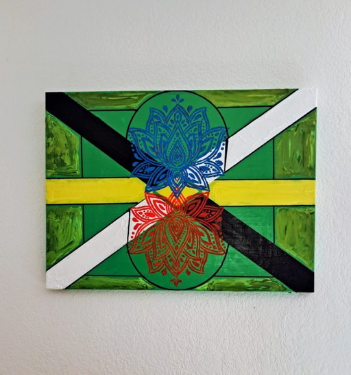 Enzo San Marco - Essentiële kleuren op een groene achtergrond - Schilderij van de kunstenaar
