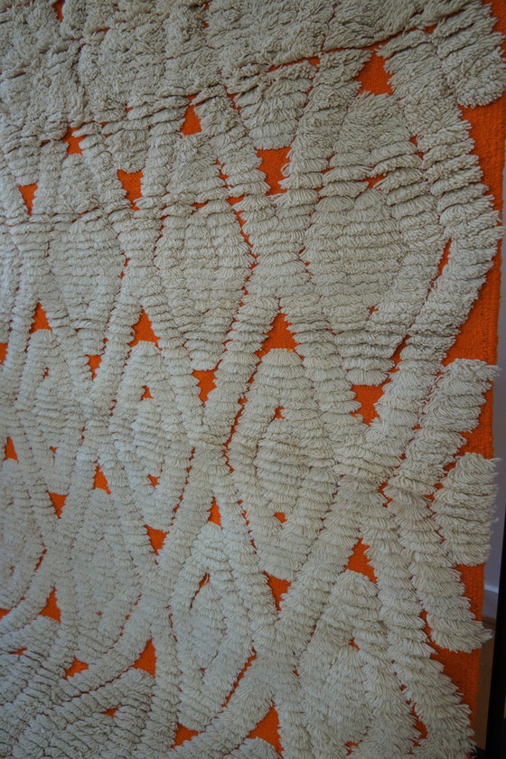 Image 1 of Handwoven Orange Cream Wool Rug With Checkered Pattern - 100% Natural Wool From Tunisia