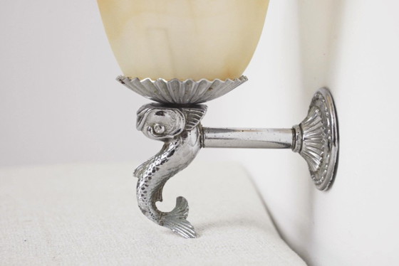 French Fish Wall Sconce Chrome Lamp Peach Orange Marbled Glass Tulip Light – Wall lights, Metal (photo 3 of 10)