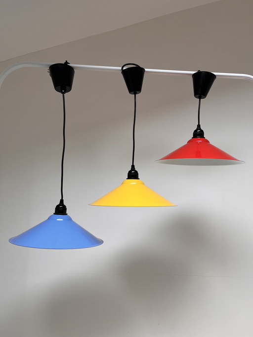 Vintage IKEA Lyra T501 Pendelleuchte (1980er Jahre), 3er-Set (blau, rot & gelb)