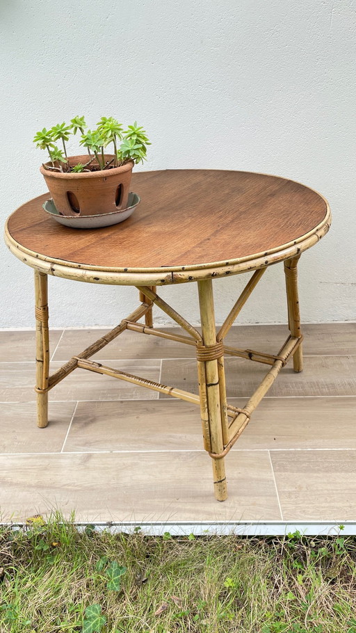 Vintage wicker and oak coffee table