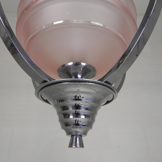Image 1 of Art Deco pendant lamp with glass shade in a chrome frame, 1930s